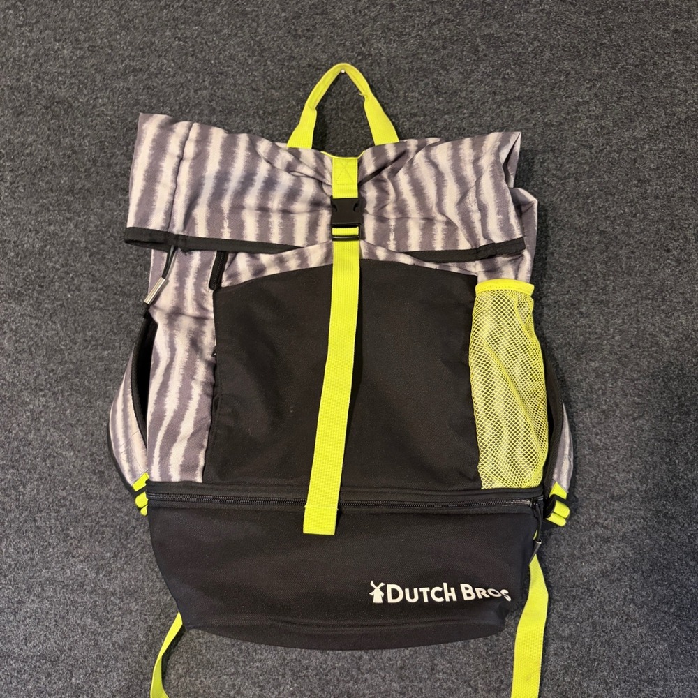 Dutch Bros Coffee Roll Top Backpack Grey Tie Dye Neon Yellow Stripe Promo Bag